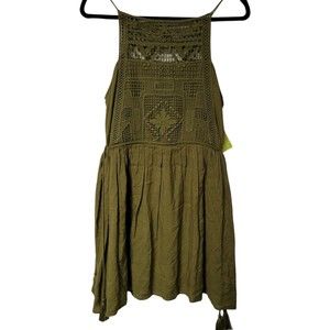 Boho Crochet Trim Dress Olive Green Pleated Layered‎  Medium Entro